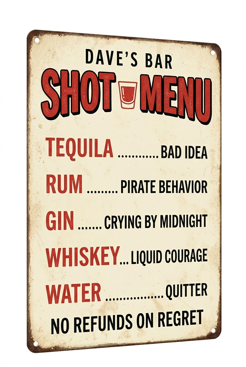 Vintage cream shot menu sign design — tequila, rum, gin, whiskey, water