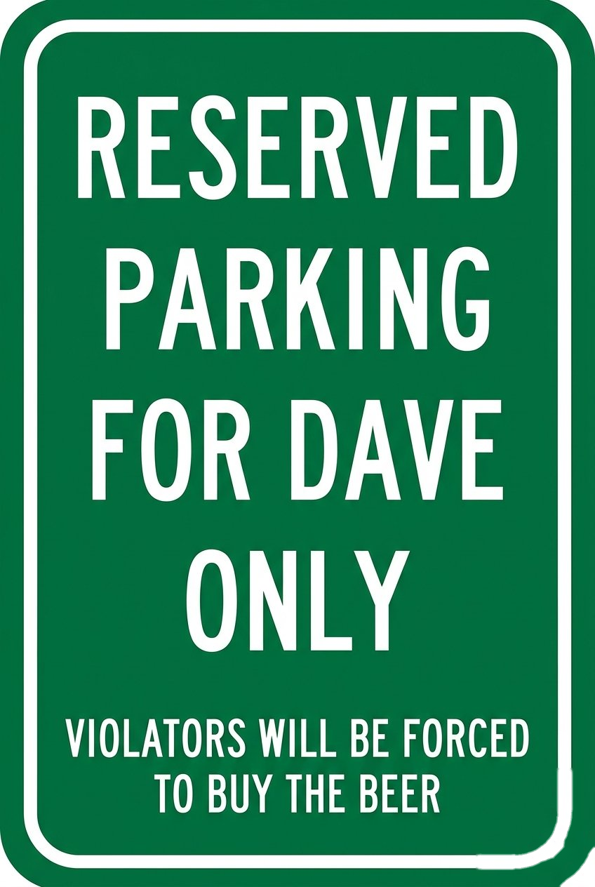 Personalized green reserved parking metal sign — violators will be forced to buy the beer