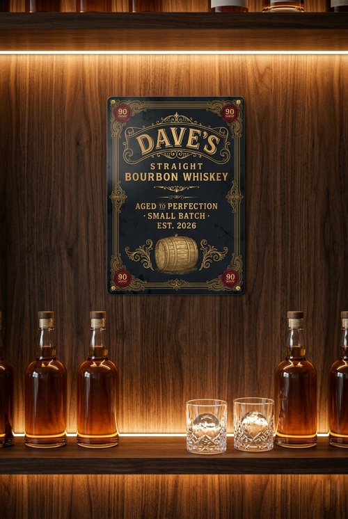 Personalized bourbon whiskey metal sign displayed on backlit home bar shelf with whiskey bottles and crystal glasses