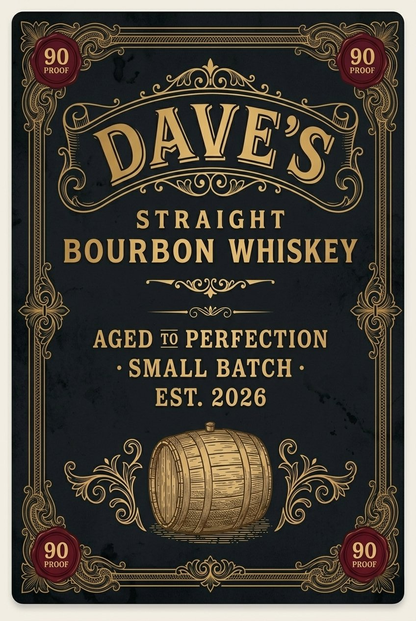 Personalized vintage bourbon whiskey label metal sign — Dave's Straight Bourbon Whiskey example, ornate gold filigree on black