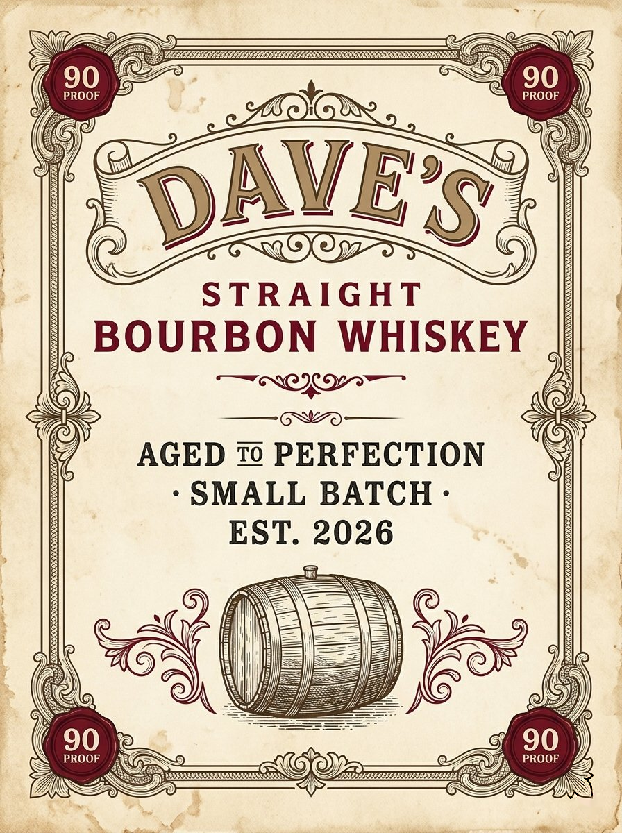 Personalized vintage bourbon whiskey label metal sign — Vintage Cream colorway, ornate filigree on aged parchment