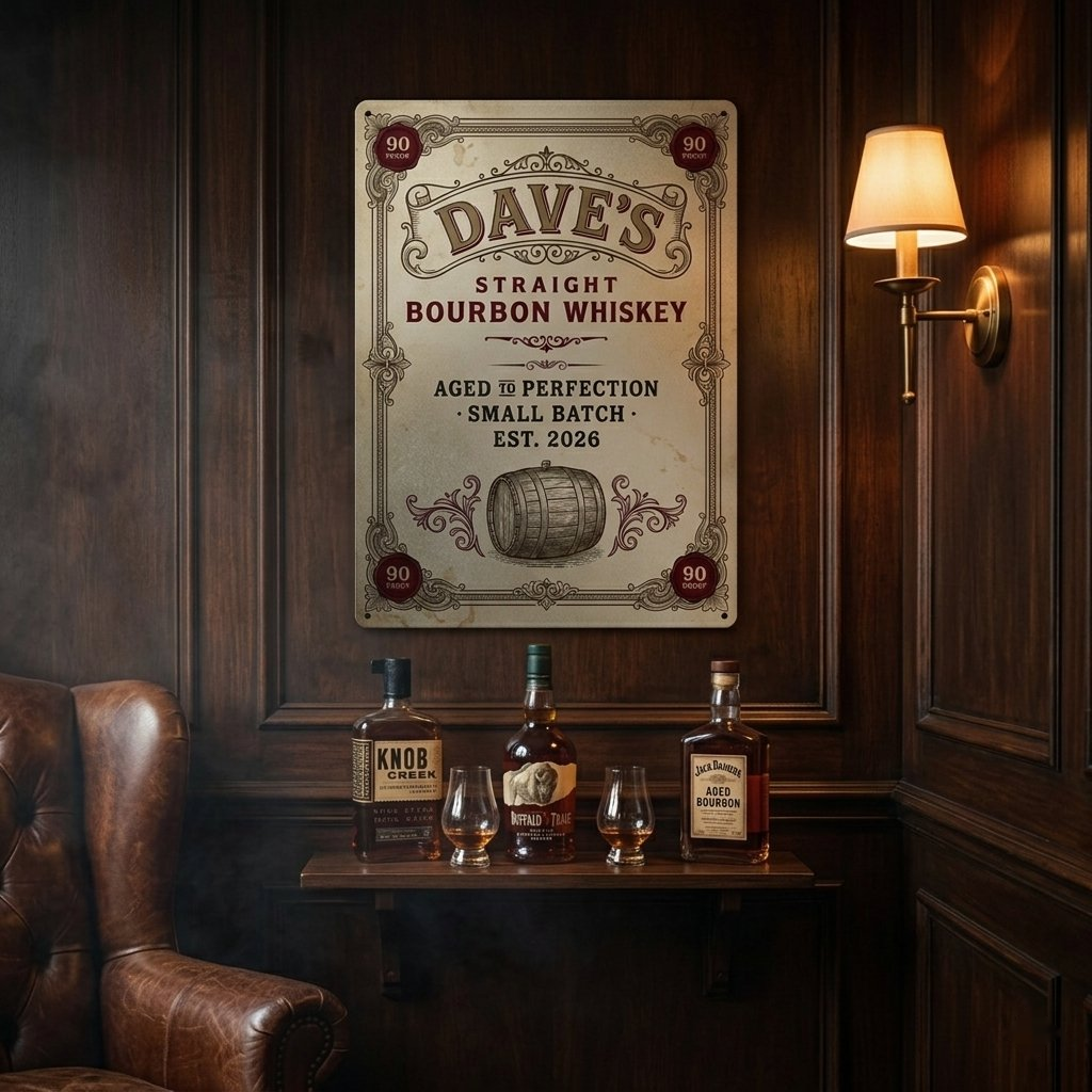 Personalized bourbon whiskey metal sign on dark wood-paneled man cave wall above whiskey shelf