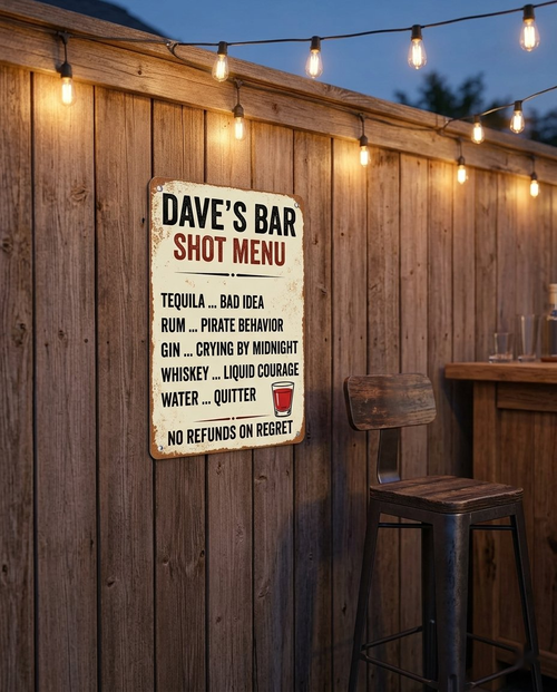 Cream vintage shot menu metal sign on backyard fence with string lights