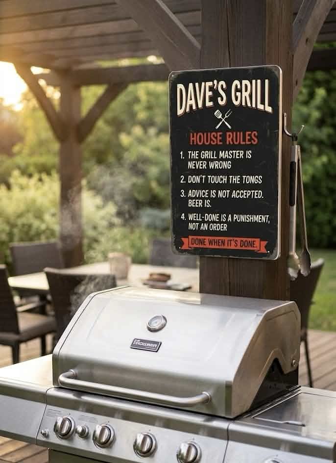 Personalized grill rules metal sign mounted on a pergola post above a stainless steel gas grill at golden hour