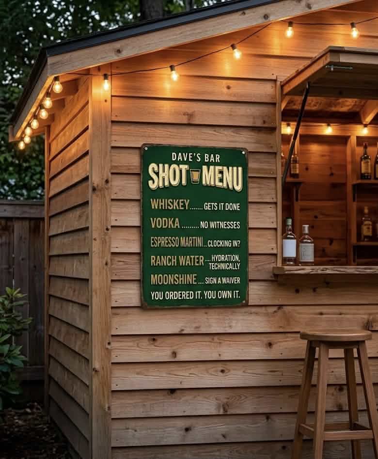 Personalized bar shot menu metal sign mounted on a home bar wall with liquor bottles and glassware