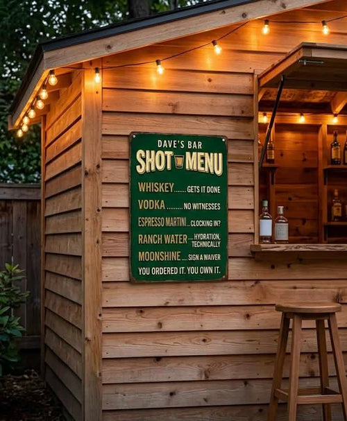 Personalized bar shot menu metal sign mounted on a home bar wall with liquor bottles and glassware