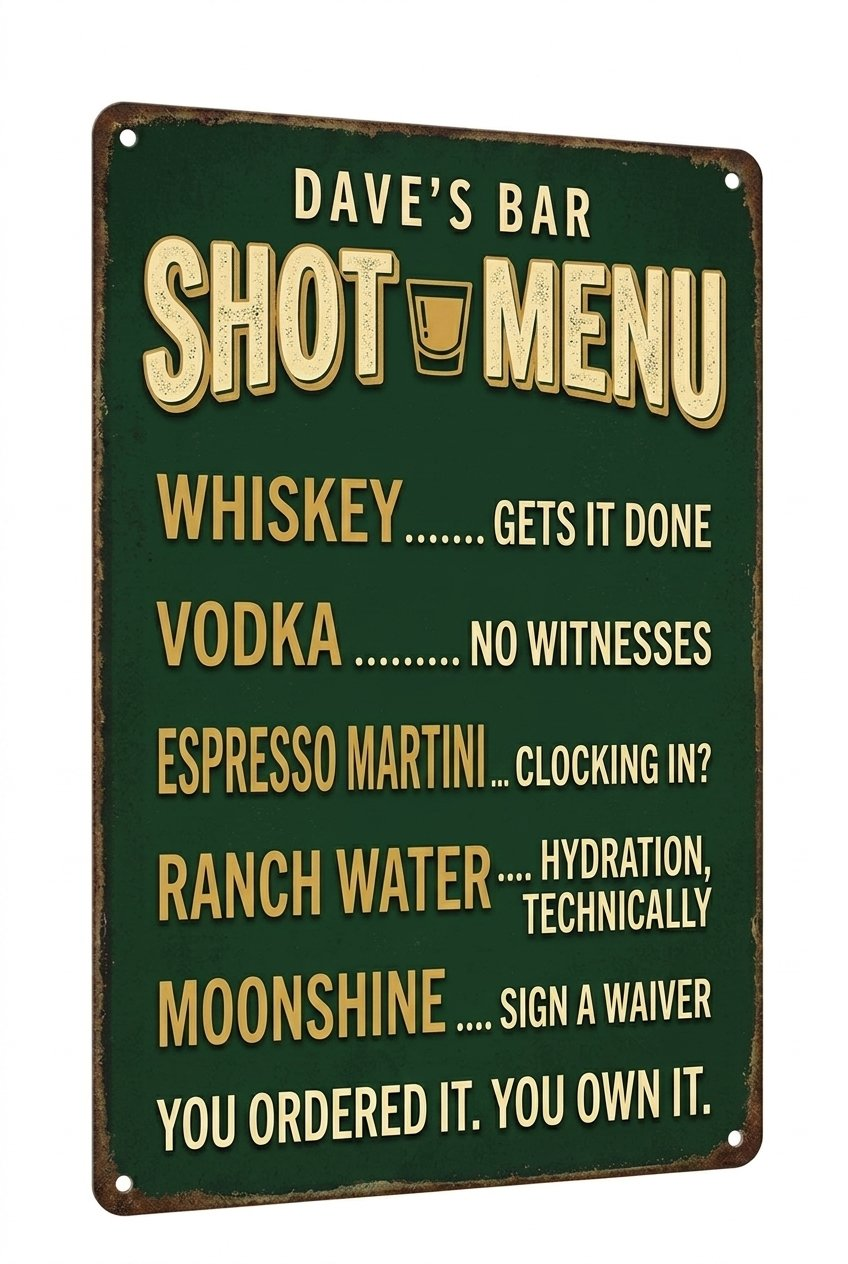 Forest green shot menu sign design — whiskey, vodka, espresso martini, ranch water, moonshine