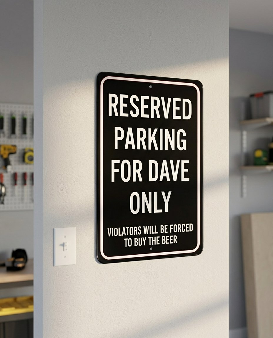 Personalized black reserved parking metal sign mounted on garage wall