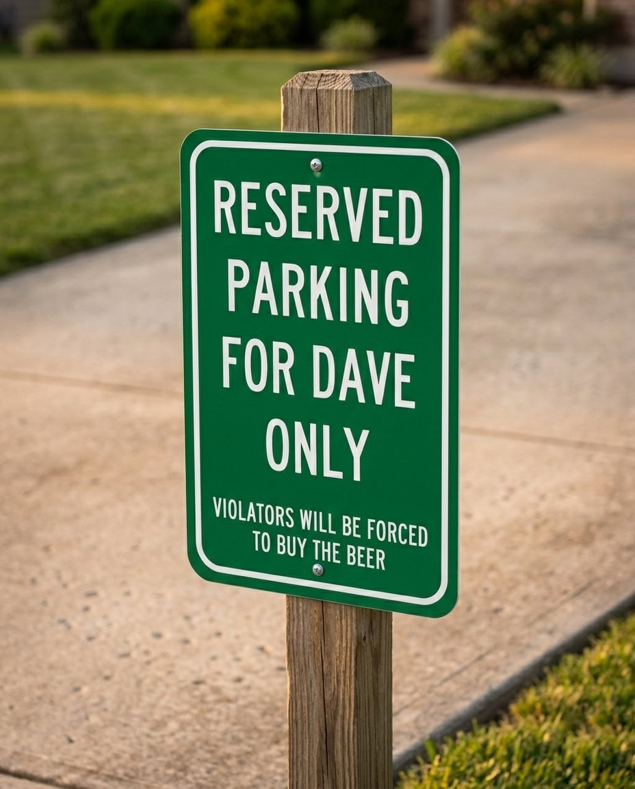 Personalized green reserved parking metal sign on driveway fence post at golden hour