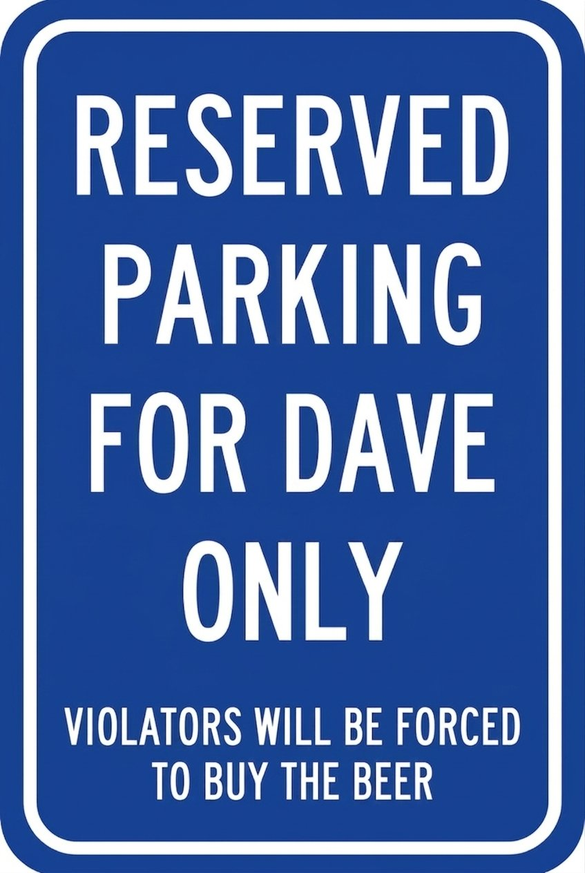 Personalized navy blue reserved parking metal sign — violators will be forced to buy the beer