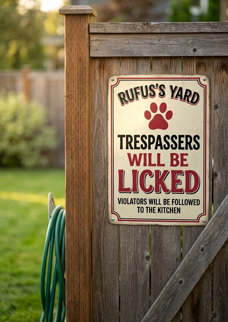 Custom dog name metal yard sign mounted on a weathered backyard fence