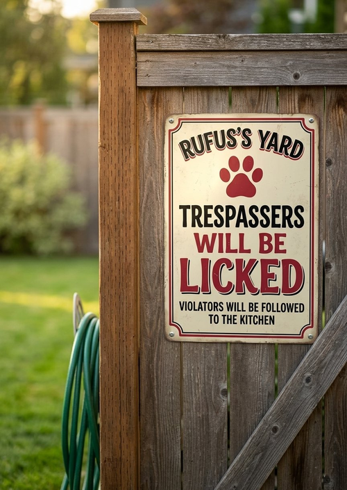 Custom dog name metal yard sign mounted on a weathered backyard fence