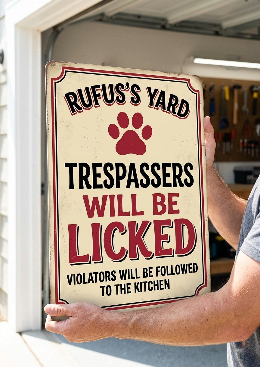 Person holding a personalized 12 by 18 inch dog yard metal sign reading Trespassers Will Be Licked in a garage doorway