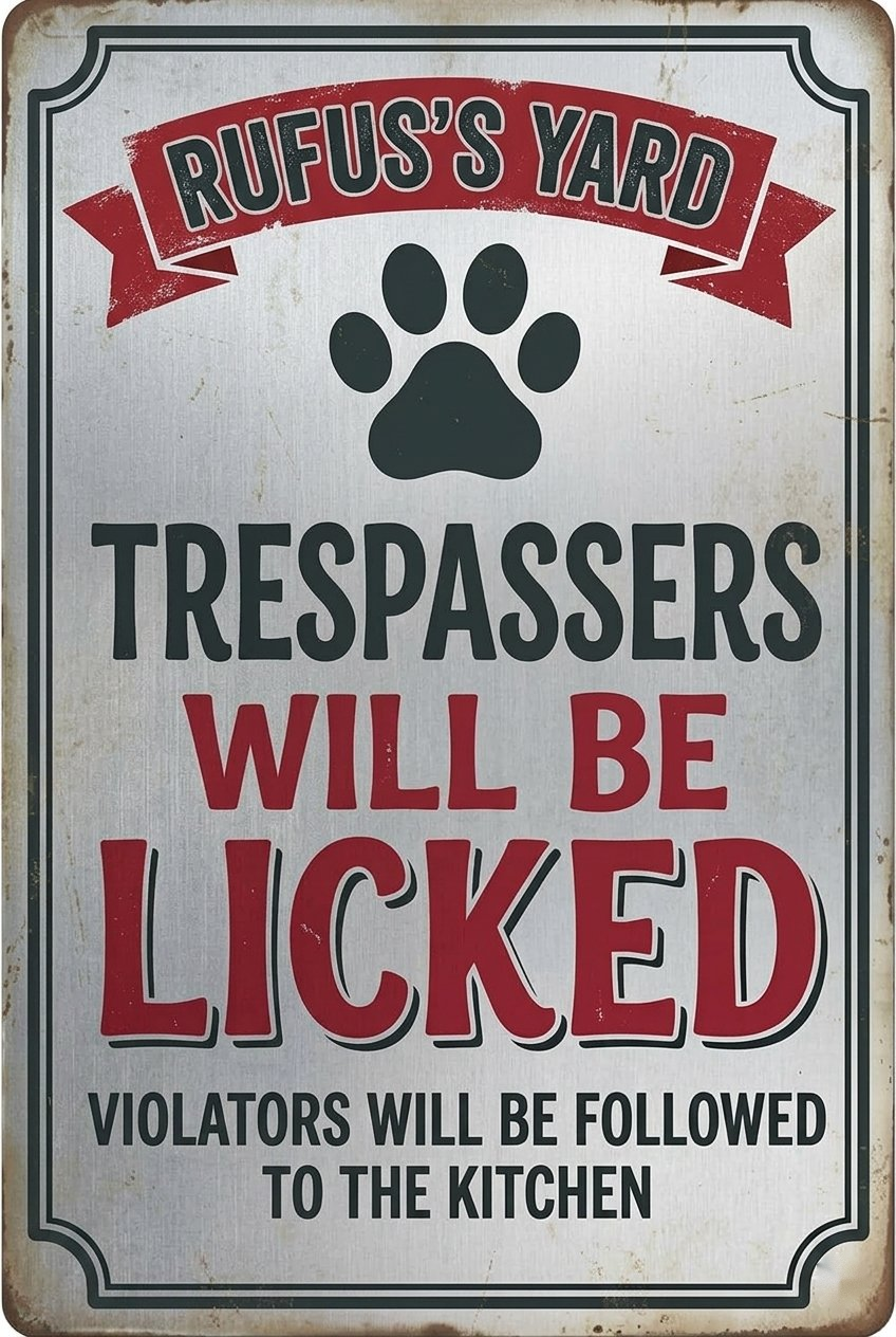 Personalized brushed silver dog yard metal sign reading Rufus's Yard Trespassers Will Be Licked