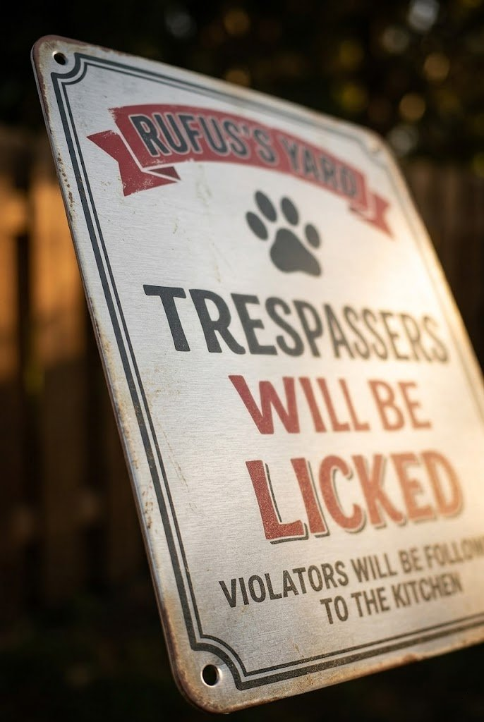 Close-up angle of brushed silver Rufus's Yard metal dog sign showing distressed metallic texture in golden hour light