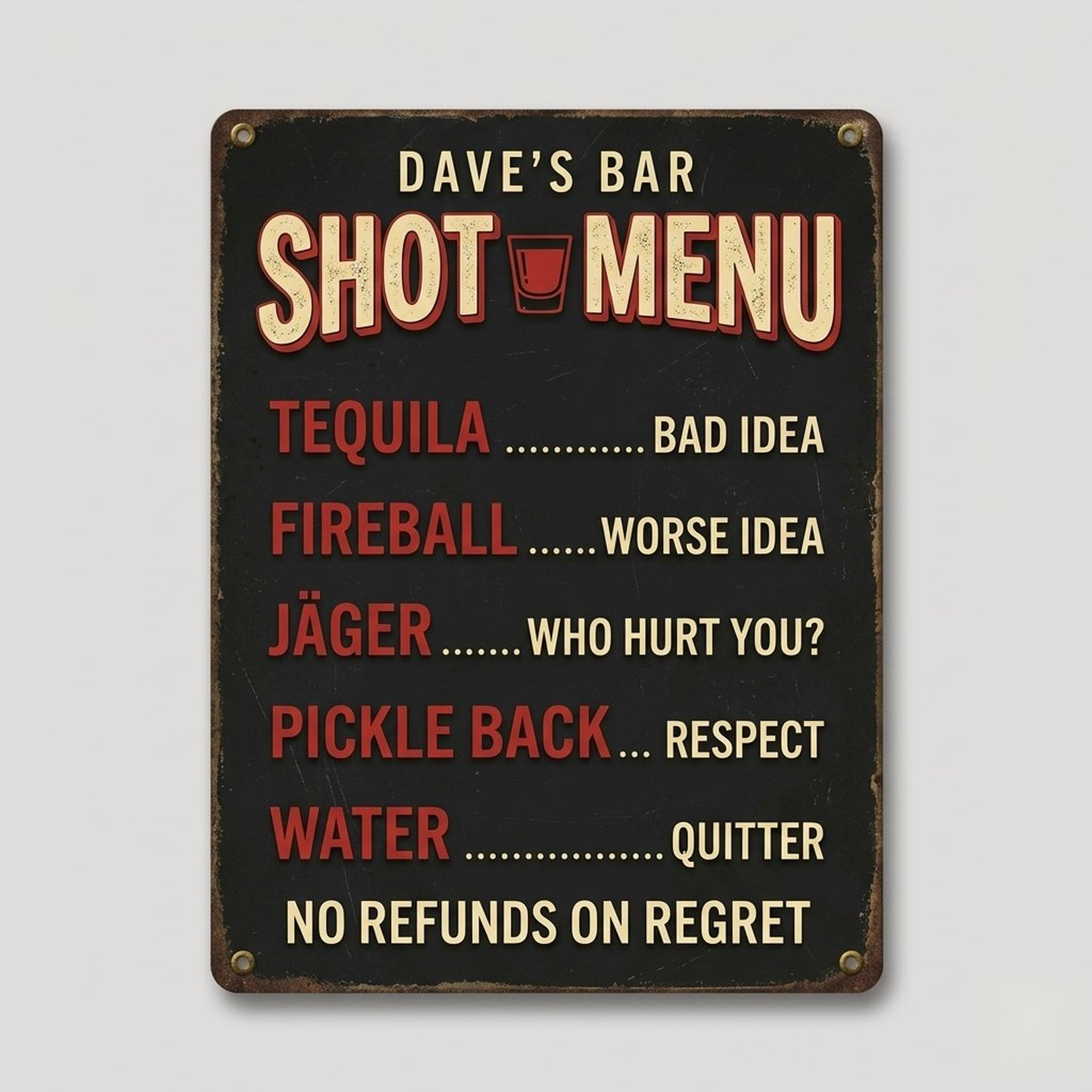 Charcoal black shot menu sign design — tequila, fireball, jager, pickle back, water